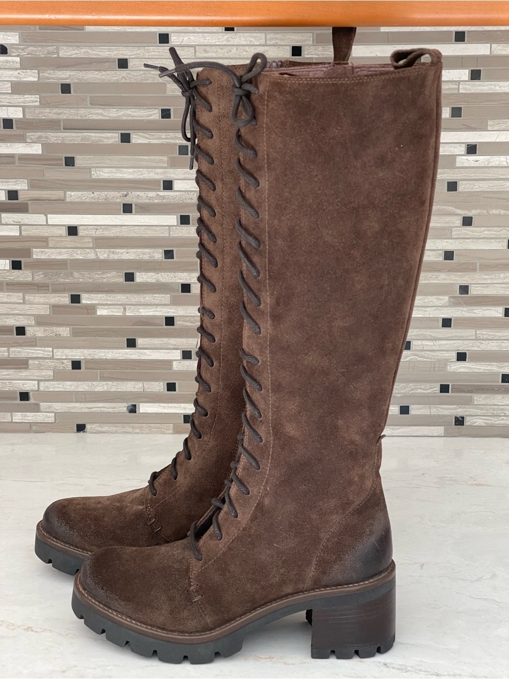 CELTIC & CO (UK) Brown Suede Lace-Up Knee-High Boots Stacked Heel, 37 EU/6 US
